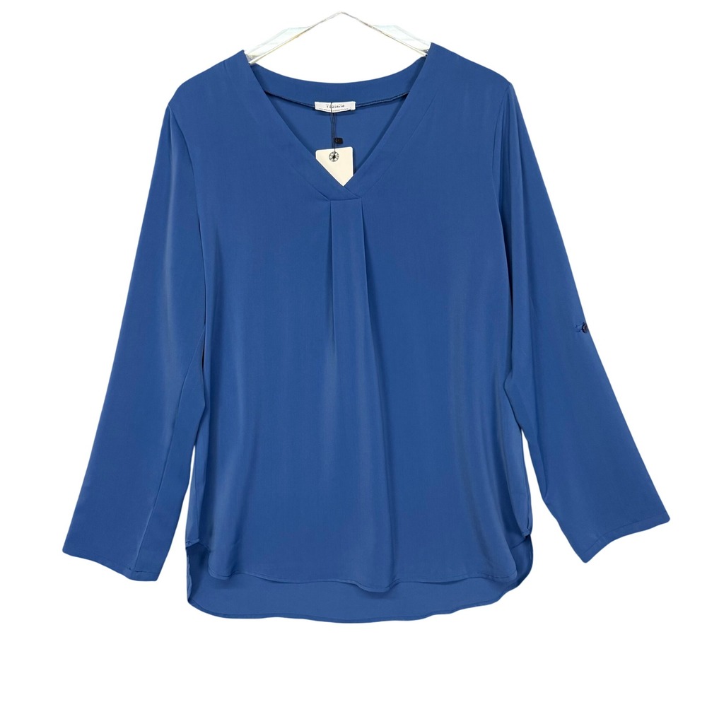 Youtalia Blouse Womens Large Blue Pleated V-Neck Roll‎ Tab Sleeve Shirt NWT